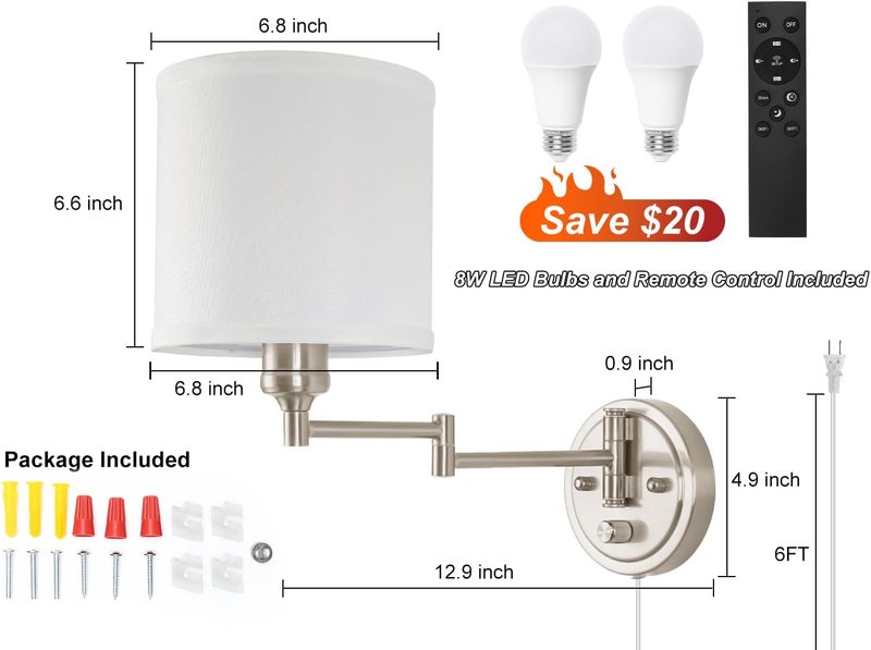 GOODATE Plug in Wall Sconces with Remote Control, Dimming & Adjustable Colors 2700K-6500K, Hardwire or Plug-in, Swing Arm Wall Lamp with White Fabric Shade, Wall Sconces Set of Two, Brushed Nickel Finish - Image 5
